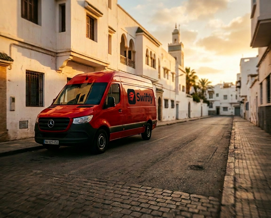 Van de livraison Swiftly dans une ruelle marocaine au coucher du soleil